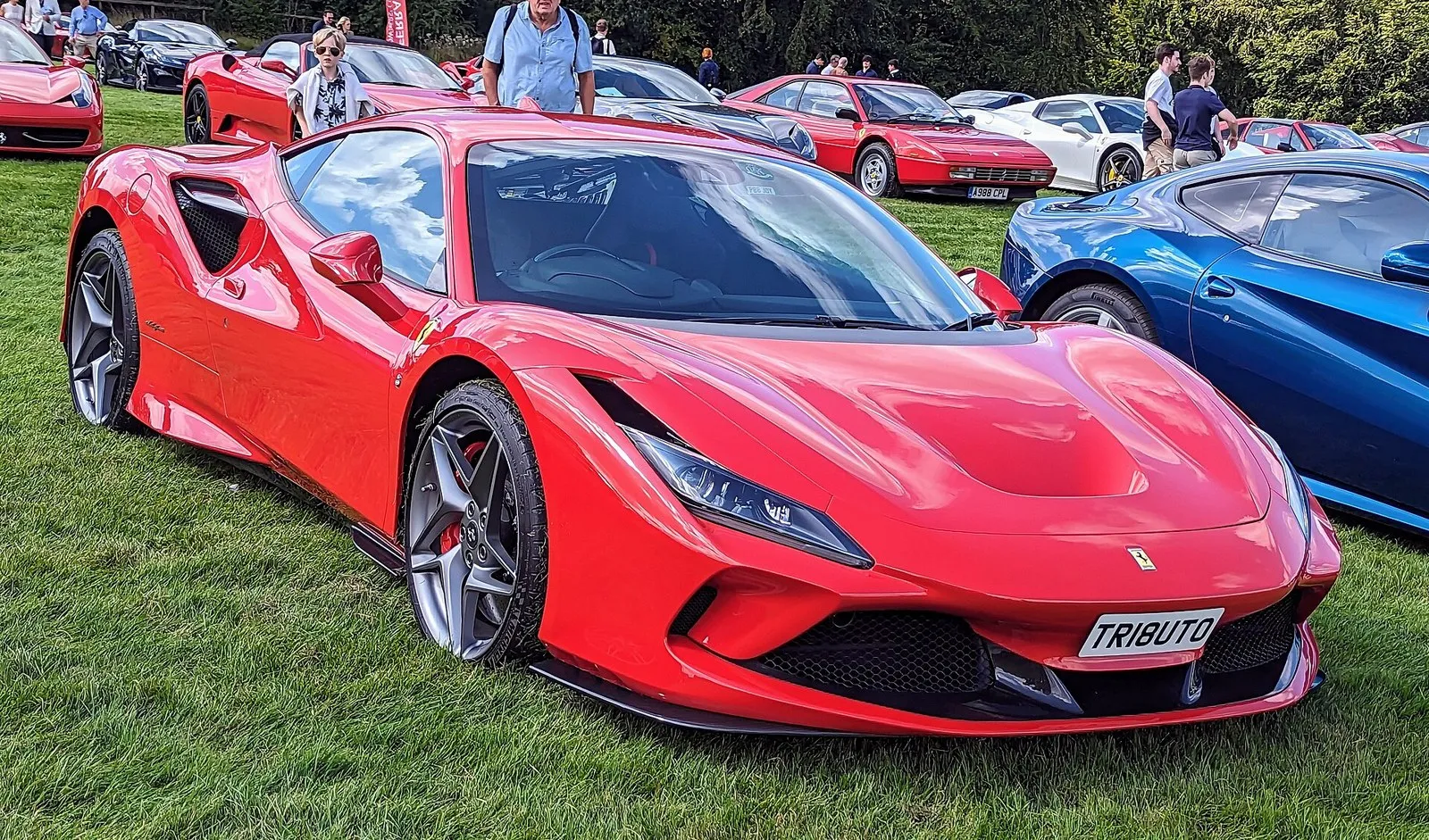 Red Ferrari F8 Tributo on grass, front three-quarter view